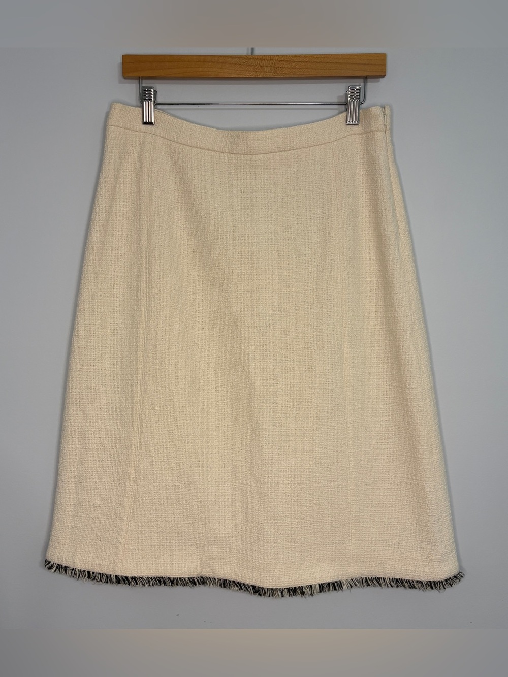 MaxMara Weekend Cream Ivory Tweed A-Line Skirt Fringe Hem Cotton Blend Size 12